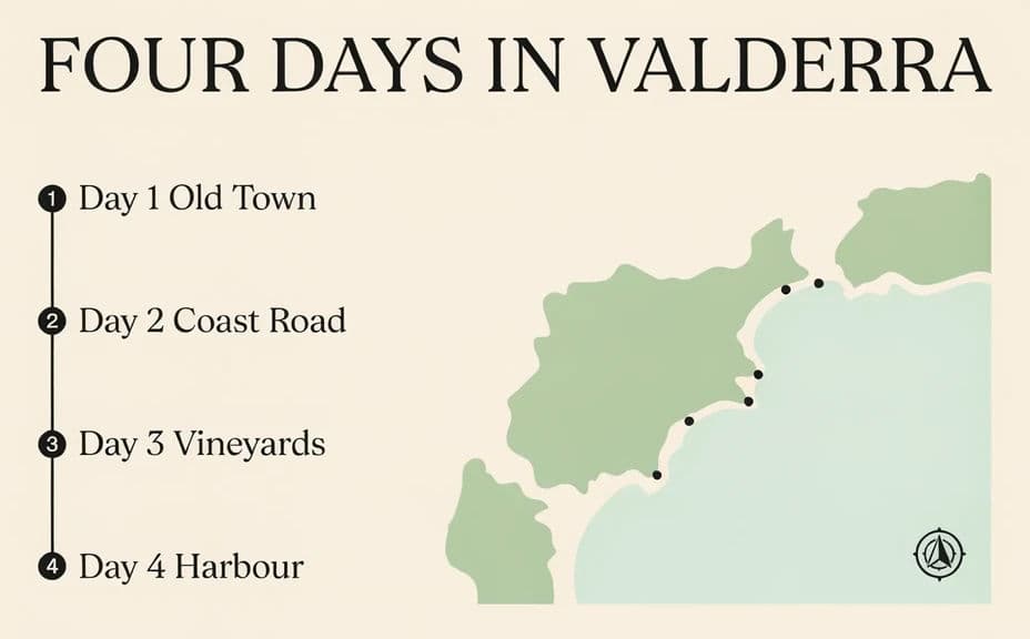 Travel itinerary graphic laid out as a vertical timeline with numbered days