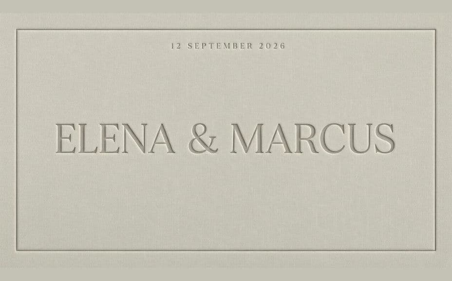 Alternate wedding album cover with the same names and date in a type-led layout