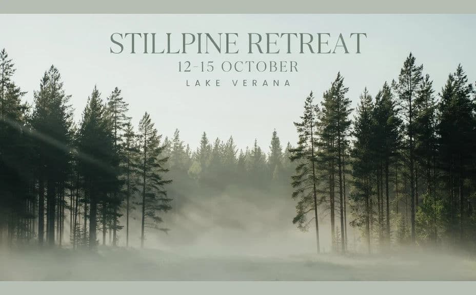 Wellness retreat flyer layout with the retreat name across the top of a forest scene