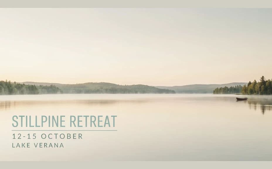 Alternate wellness retreat flyer layout with the name and dates stacked low over calm water