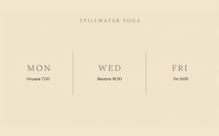 Yoga studio schedule laid out as a column per day in soft neutrals