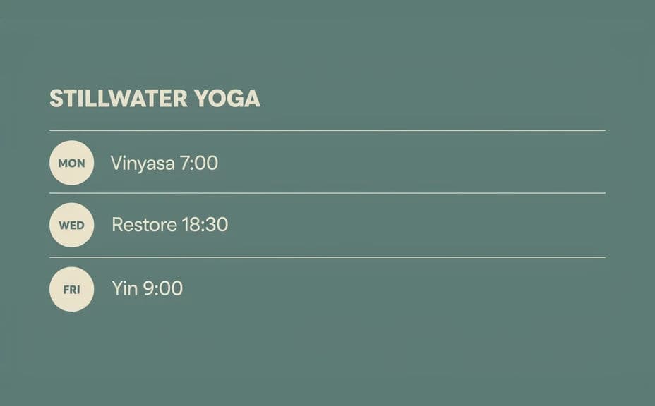 Alternate yoga schedule design with stacked day rows and a muted accent panel