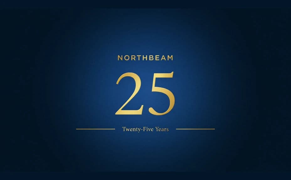 Anniversary graphic with a large centred numeral on a deep metallic field