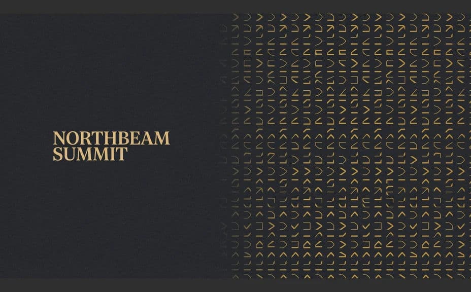 Event backdrop design with the event name beside a dense grid of small gold marks