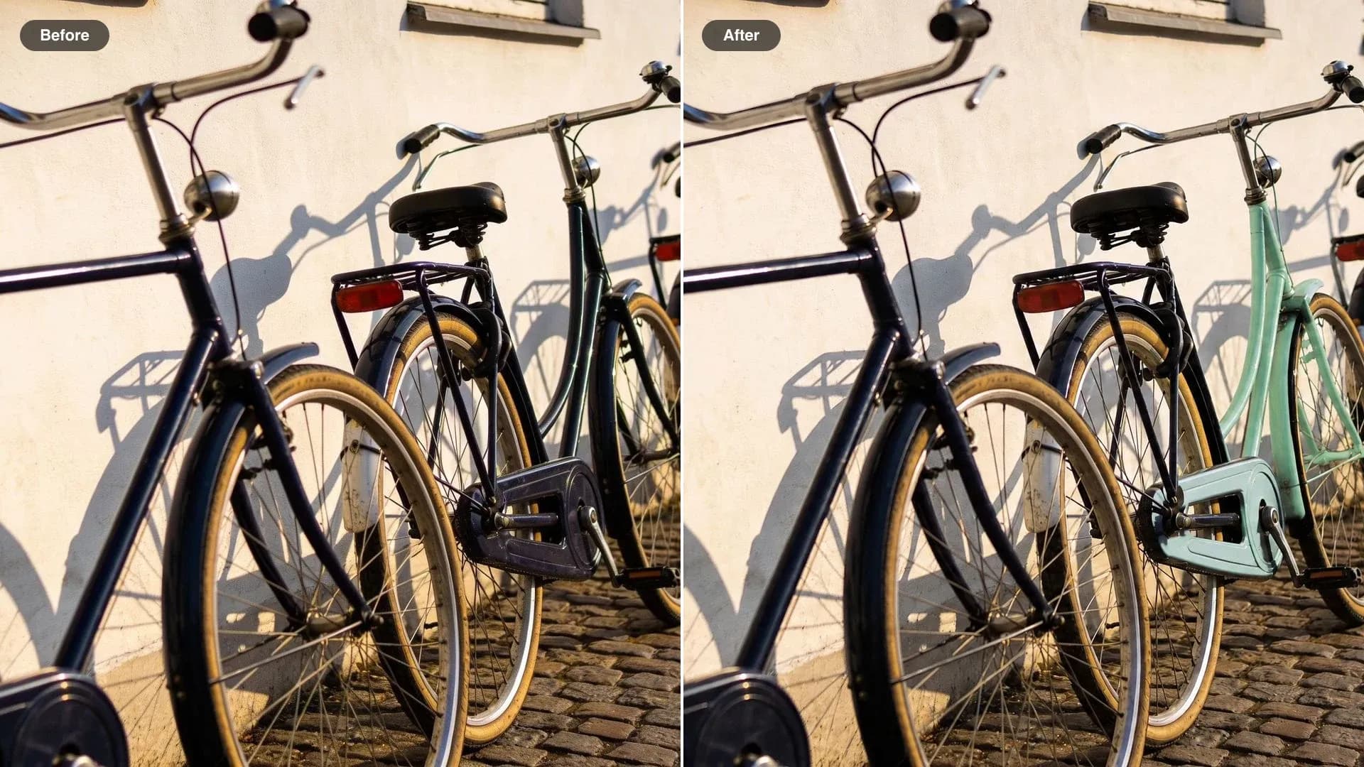Before and after of four bicycles parked against a white wall, only the third bicycle recolored mint green