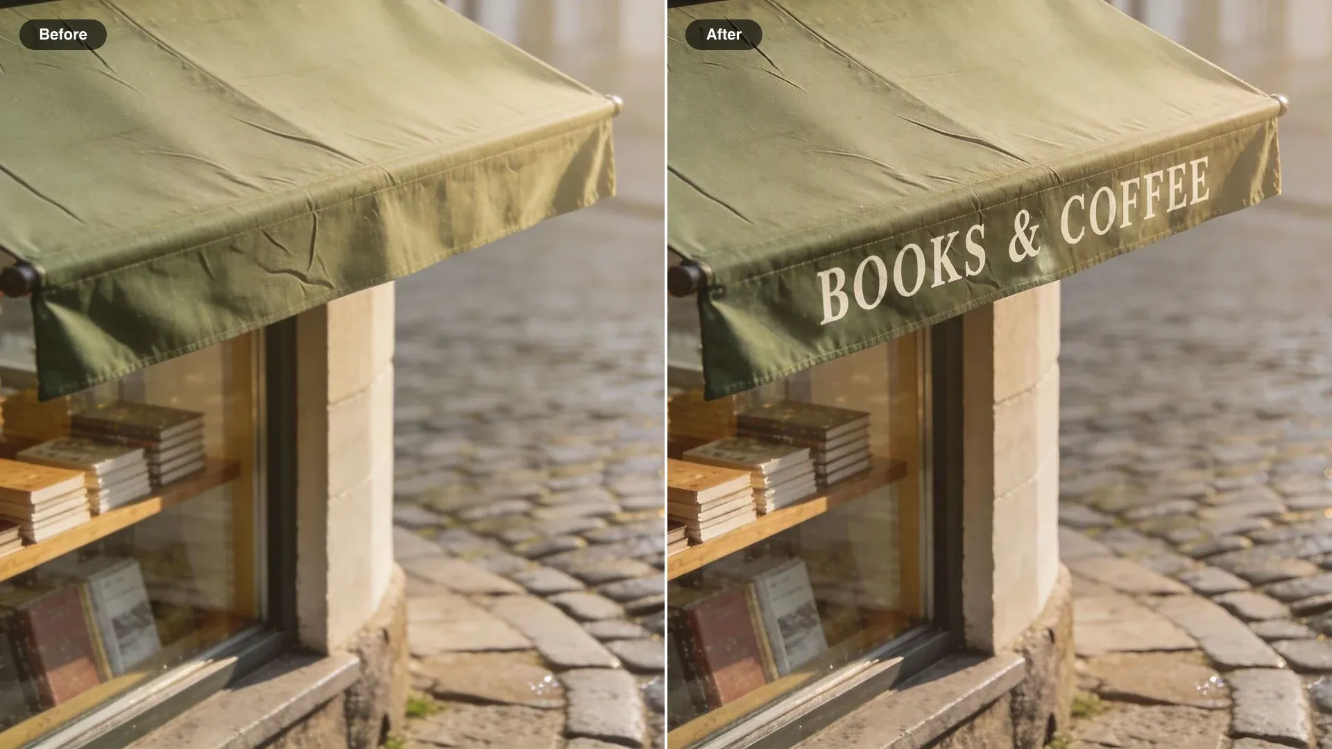 Before and after of a small shop front, a plain green awning now lettered BOOKS & COFFEE in white serif capitals
