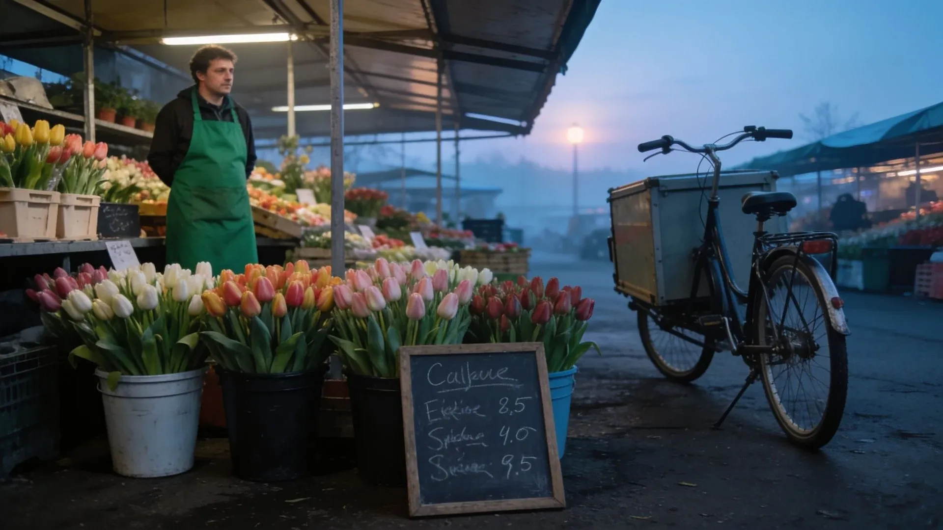 Un mercado de flores al amanecer, con una vendedora de delantal verde a la izquierda detrás de cubetas de tulipanes, una bicicleta de reparto a la derecha y un pizarrón de precios escrito con gis abajo al centro