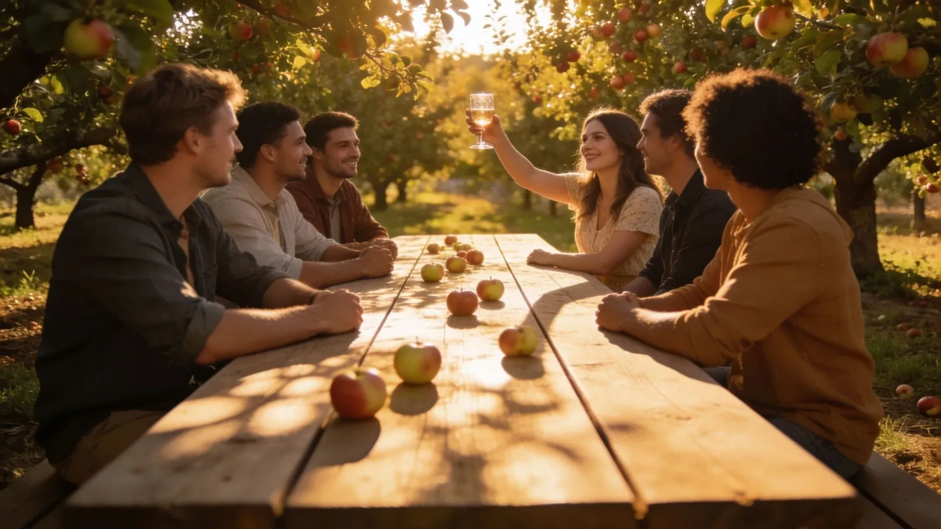 Seis amigos en una mesa larga de picnic en un huerto de manzanos al final de la tarde, dos de cada lado y uno en cada extremo, con la mujer del fondo levantando una copa