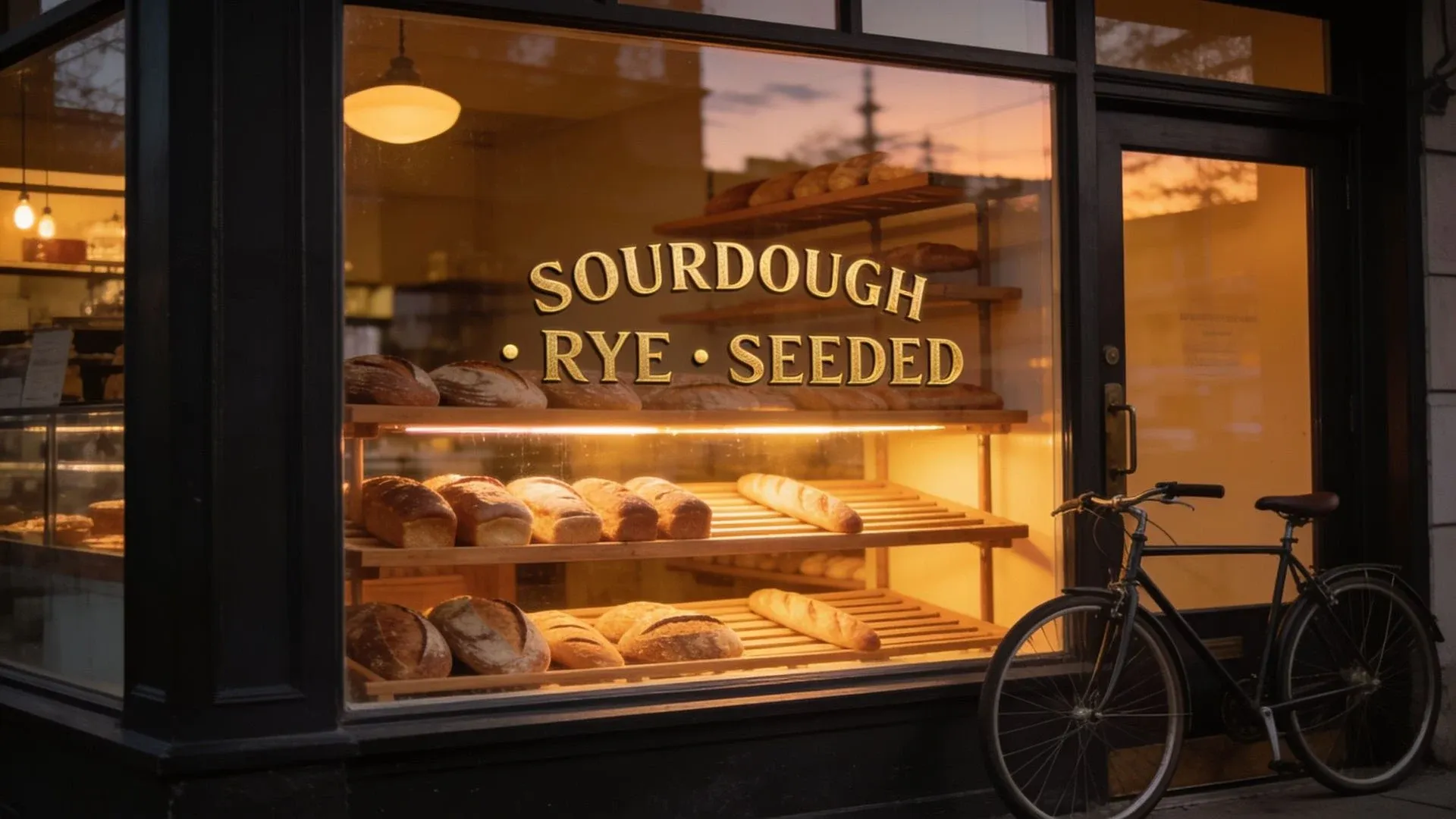 Una panadería de esquina al anochecer, con la vitrina rotulada SOURDOUGH · RYE · SEEDED en letras serif de hoja de oro, luz cálida adentro y una bicicleta estacionada afuera