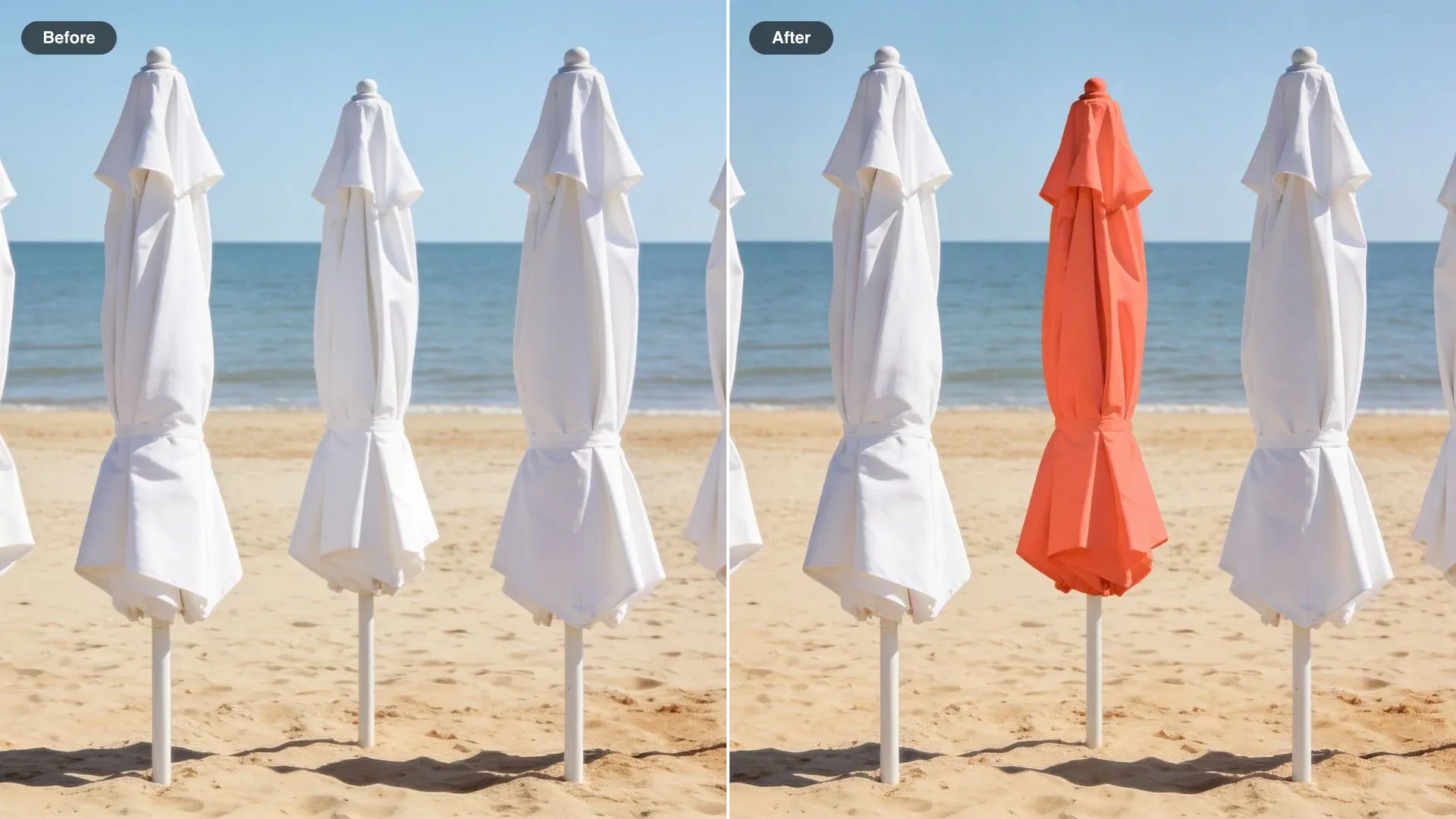 Antes y después de cinco sombrillas blancas de playa en fila, con solo la tercera recoloreada en coral