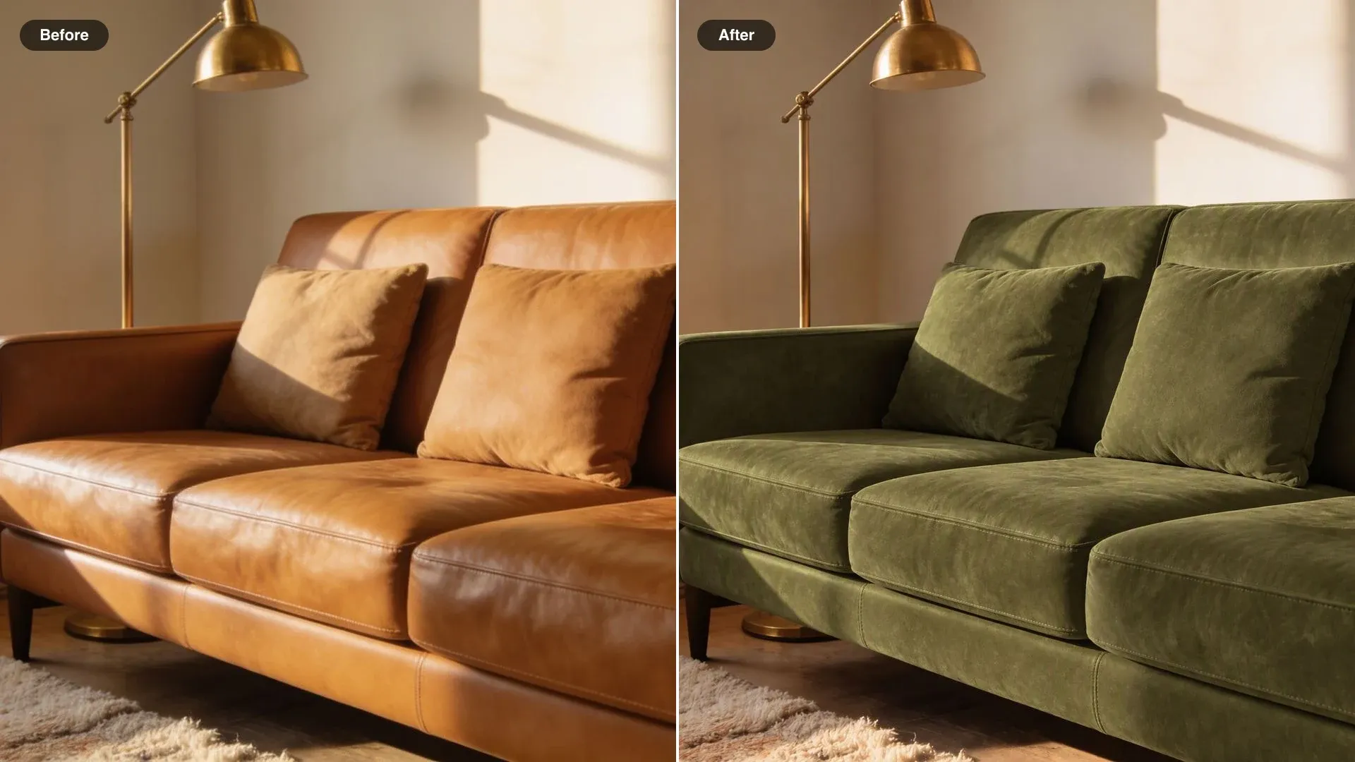 Antes y después de una sala, con un sofá de cuero café claro cambiado a gamuza verde musgo con los mismos cojines