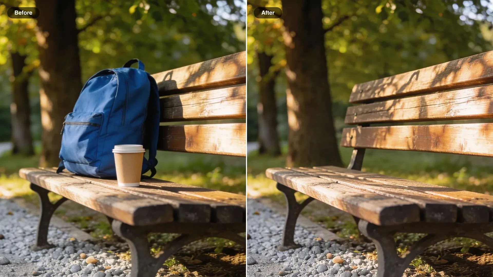 Antes y después de una banca de parque bajo los árboles, sin la mochila ni el vaso de papel del asiento
