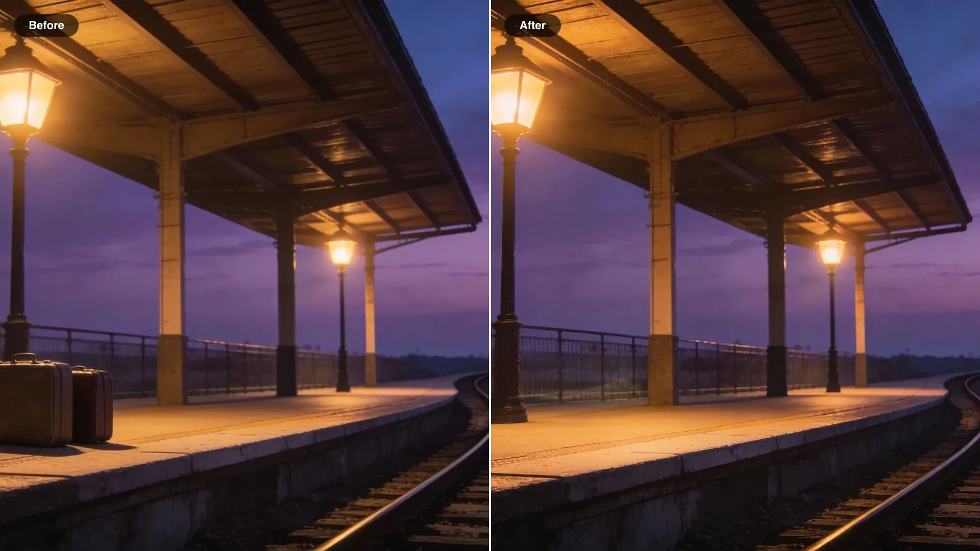 Antes y después de un andén de tren vacío al atardecer, sin las dos maletas de la izquierda