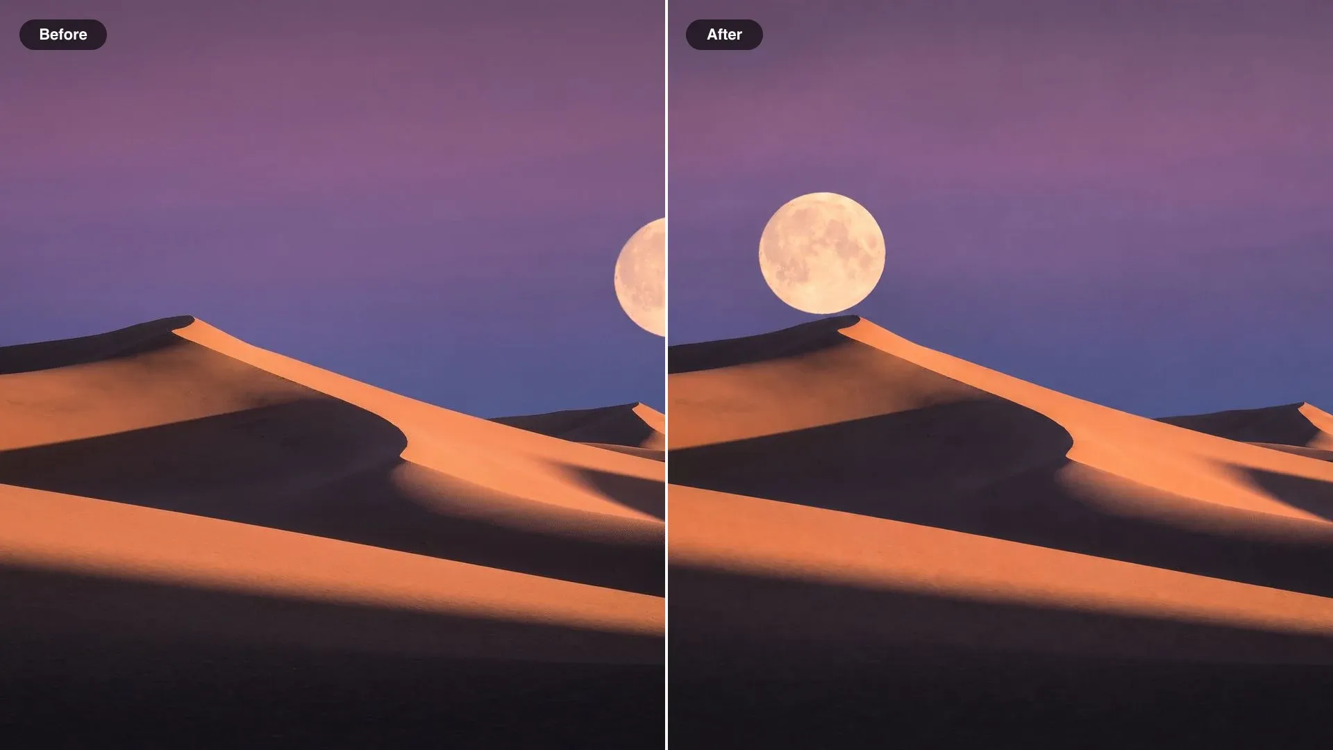 Antes y después de unas dunas de arena al anochecer, con la luna movida de la derecha del cielo a justo encima de la cresta izquierda