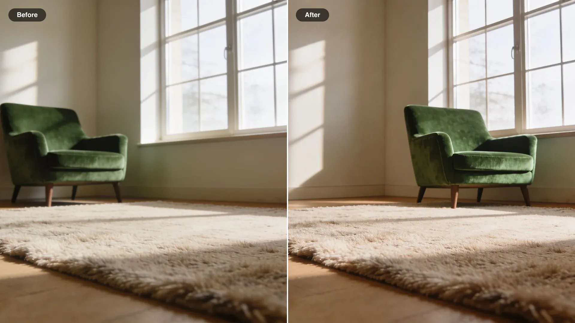 Antes y después de una sala, con un sillón de lectura verde movido de la esquina a un lado de la ventana