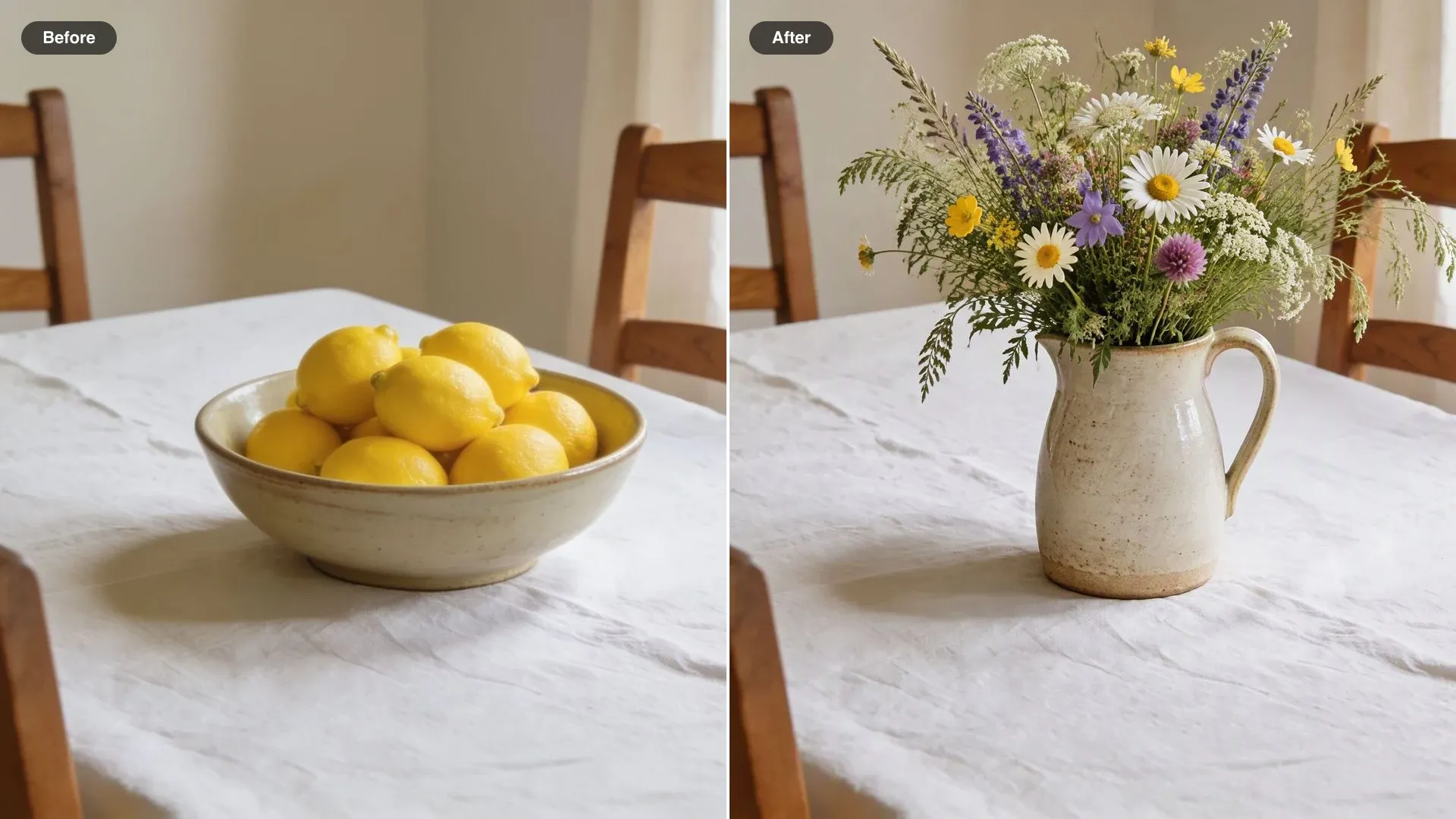 Antes y después de una mesa de comedor, con un tazón de limones reemplazado por una jarra alta con flores silvestres