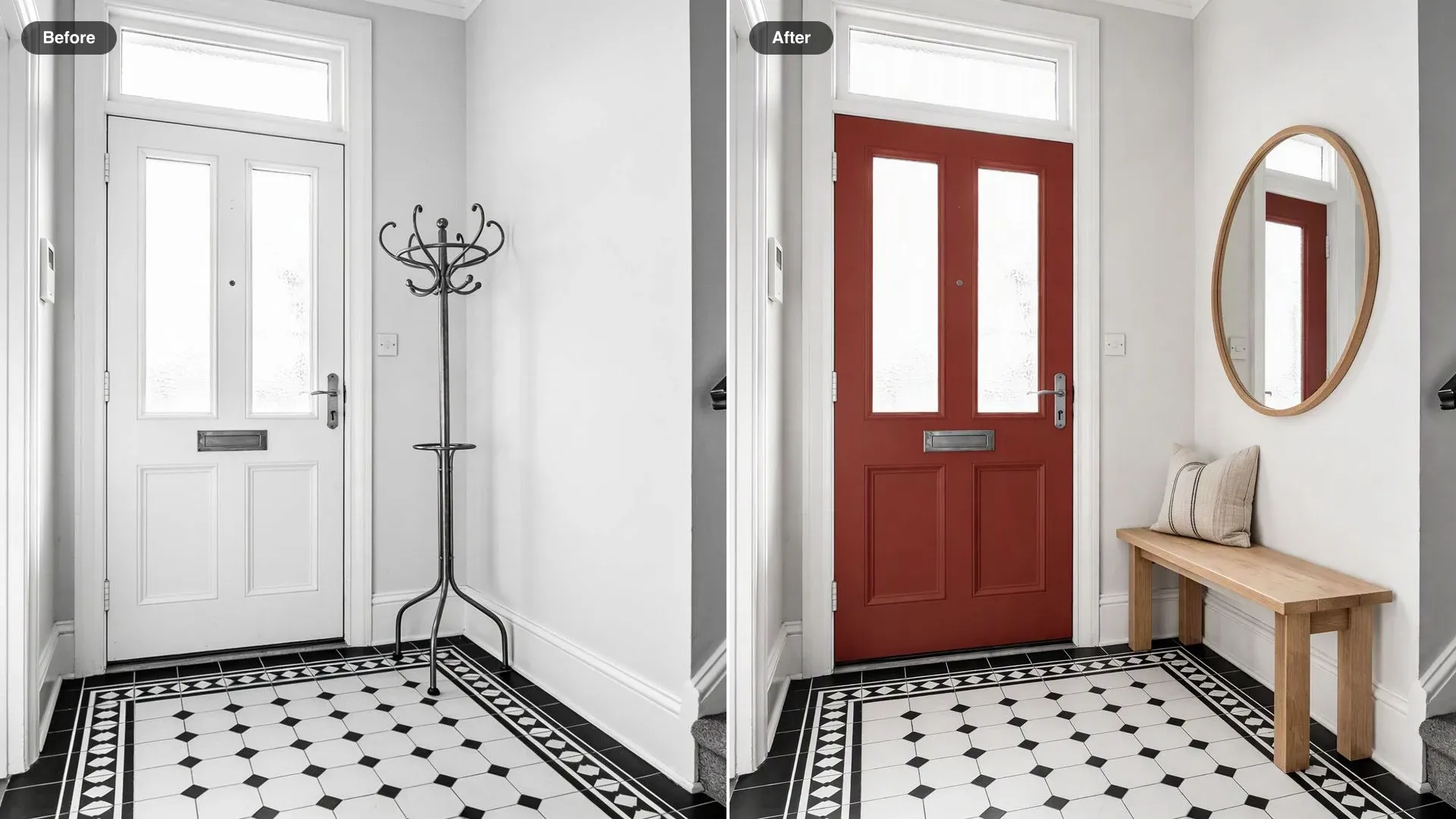 Antes y después de un pasillo, con la puerta de entrada pintada de rojo intenso, el perchero reemplazado por una banca de roble y un espejo redondo agregado