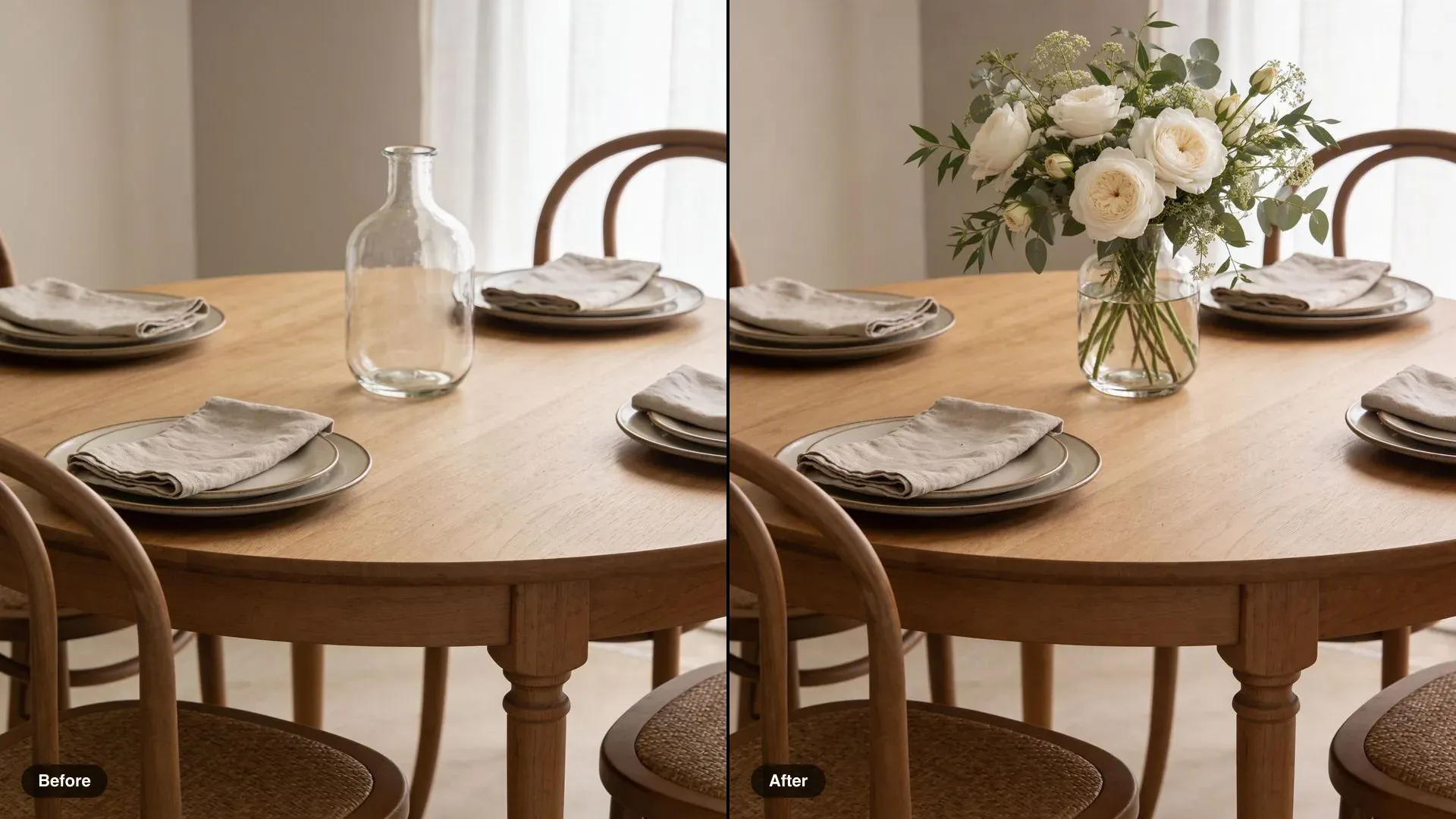 Before and after of a set dining table, the empty glass vase filled with white garden roses
