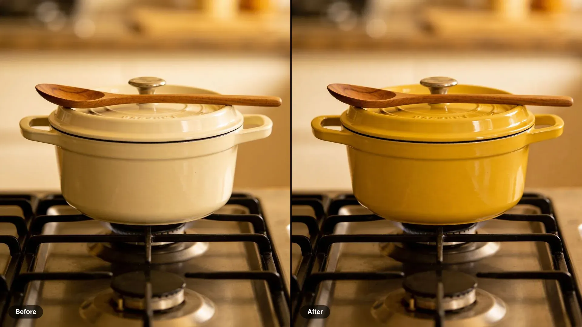 Antes y después de una olla esmaltada color crema sobre una estufa de gas, recoloreada en amarillo mostaza