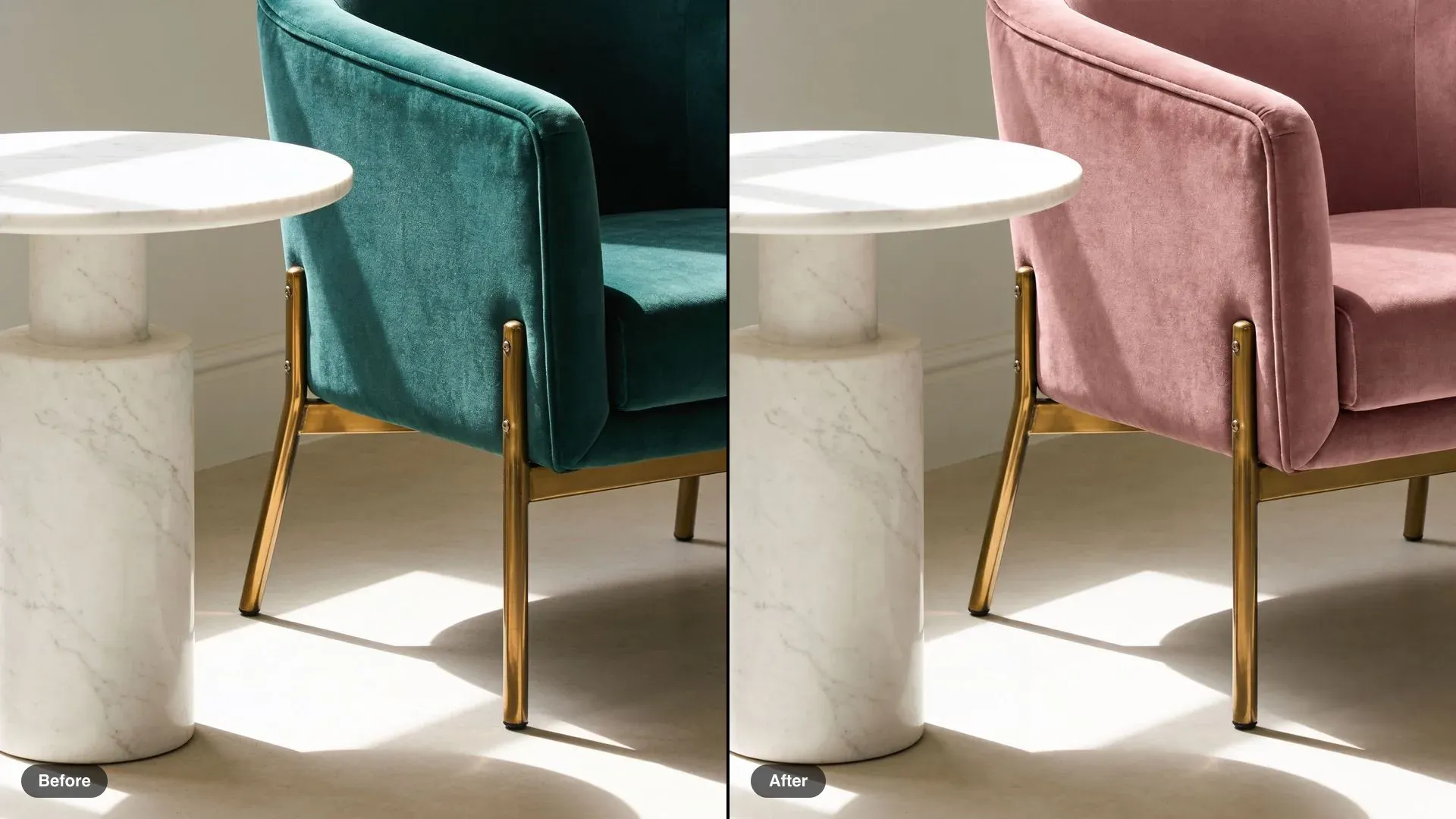 Antes y después de un sillón de terciopelo verde esmeralda con patas de latón, retapizado en terciopelo rosa palo