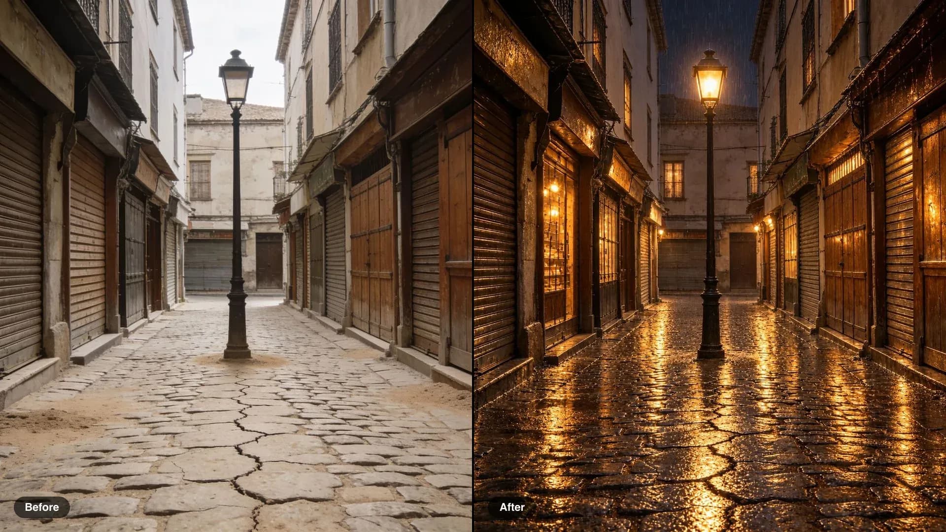 Antes y después de una calle empedrada del casco antiguo, de un día plano a una noche de lluvia con las ventanas encendidas