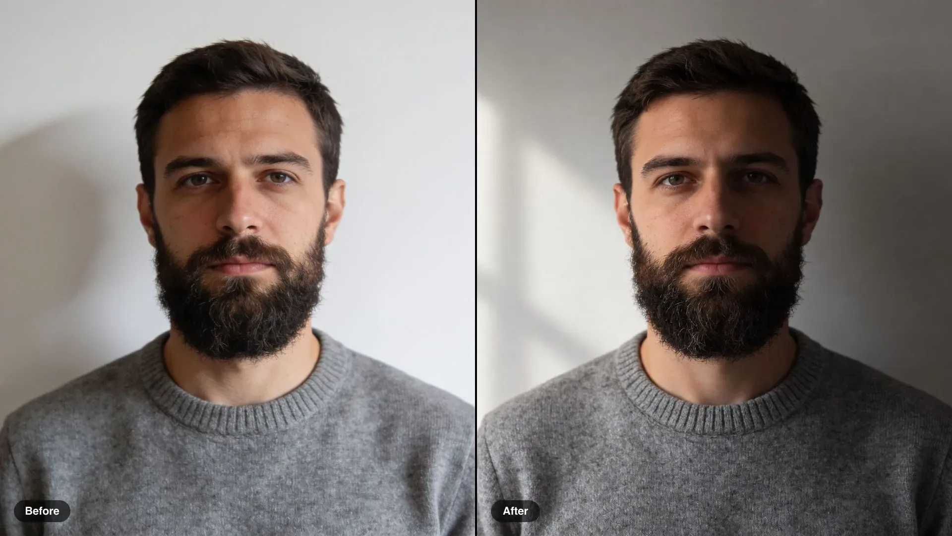 Antes y después de un hombre con barba y suéter gris, de una luz frontal plana a una luz suave de ventana desde la izquierda