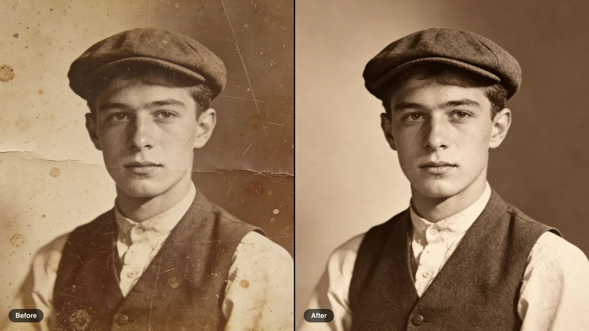 Antes y después de un retrato en sepia, rayado, de un joven con gorra, restaurado con el tono sepia intacto