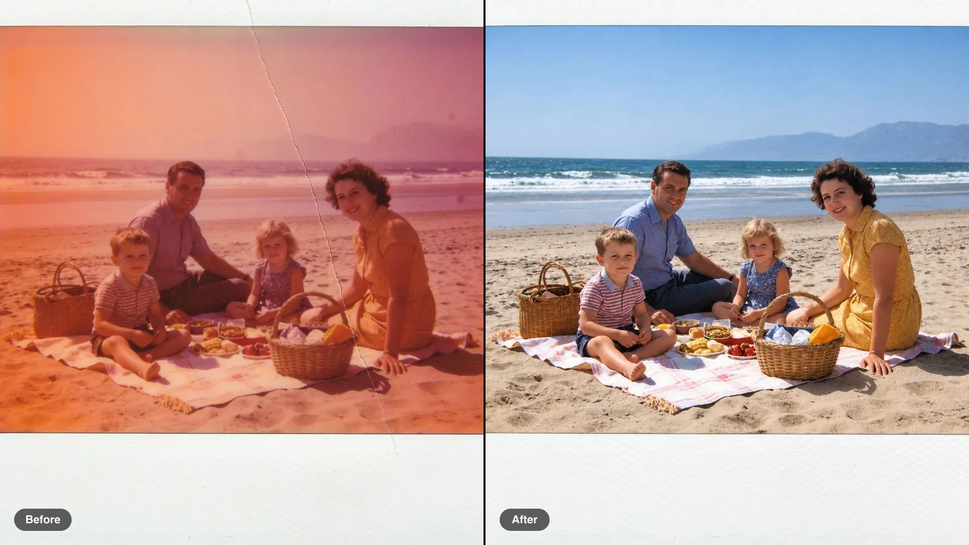 Antes y después de una foto de picnic en la playa con el color virado a naranja, restaurada a su color natural