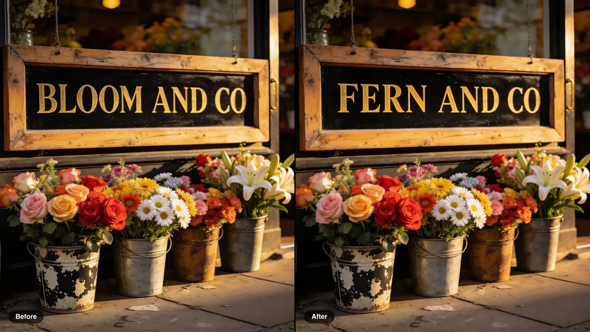 Antes y después del letrero de una florería, con BLOOM AND CO cambiado a FERN AND CO en la misma tipografía serif dorada