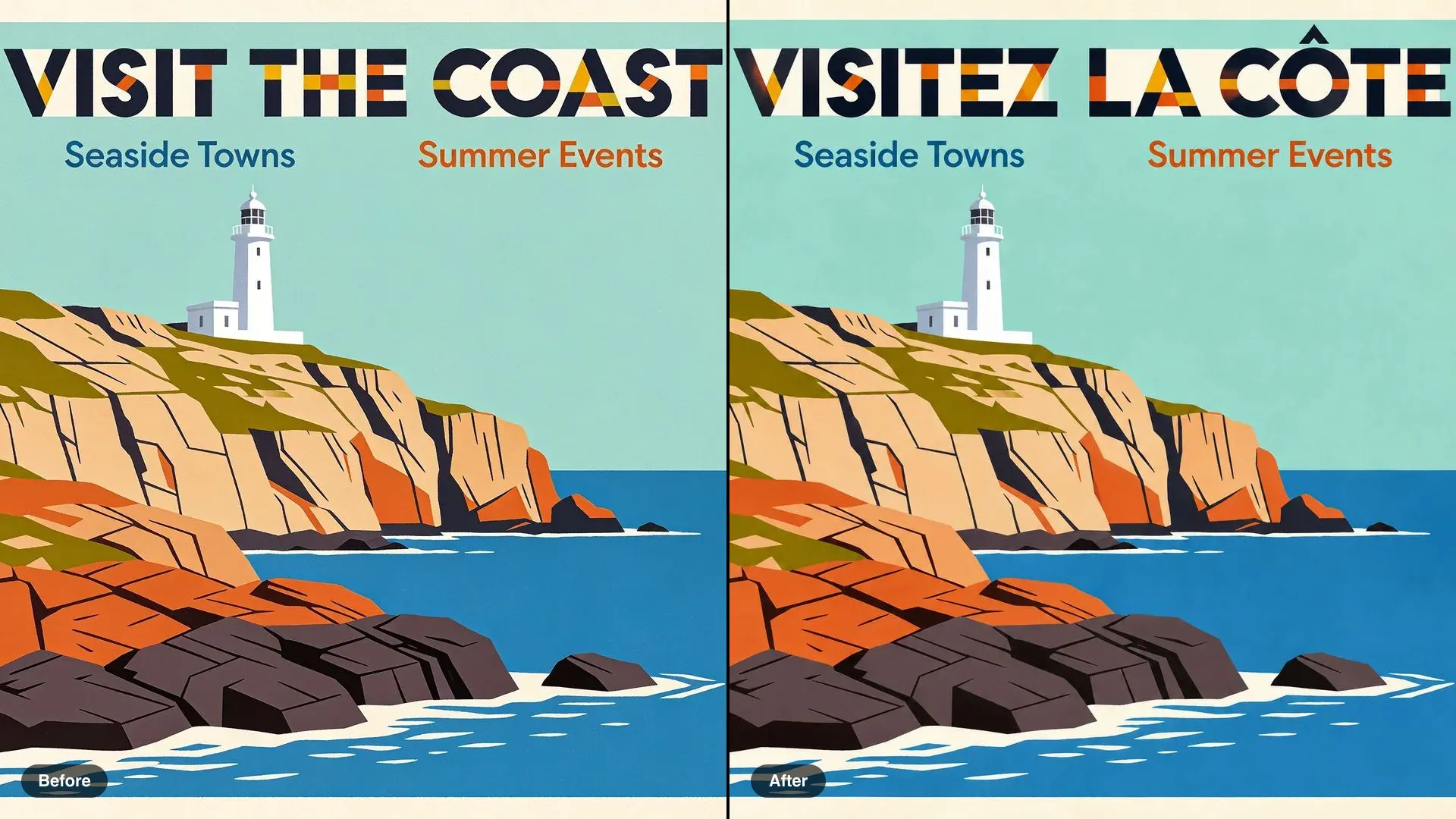 Antes y después de un cartel de viaje costero, con VISIT THE COAST traducido a VISITEZ LA CÔTE en las mismas mayúsculas