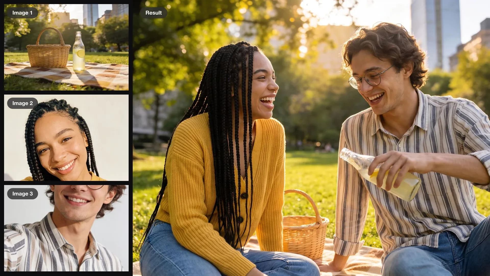 A picnic blanket in a park and two selfies as inputs, combined into one photo of the two friends laughing on the blanket