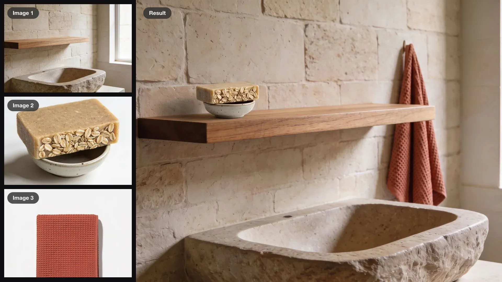 A limestone bathroom, a bar of oat soap on a dish and a terracotta towel as inputs, combined into one photo with the soap on the shelf and the towel hanging