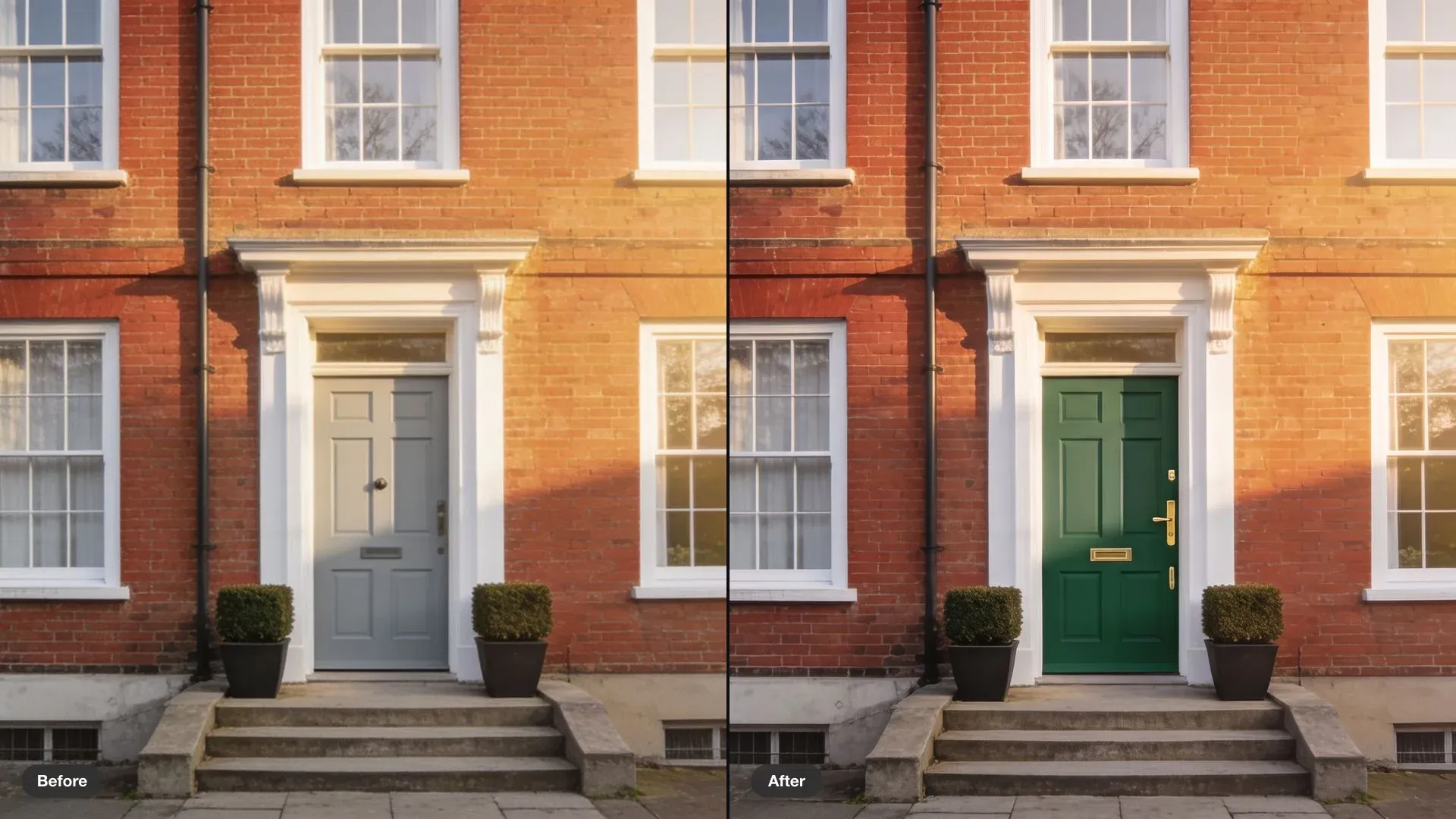 Before and after of a red-brick townhouse, the pale grey front door changed to deep green with a brass handle