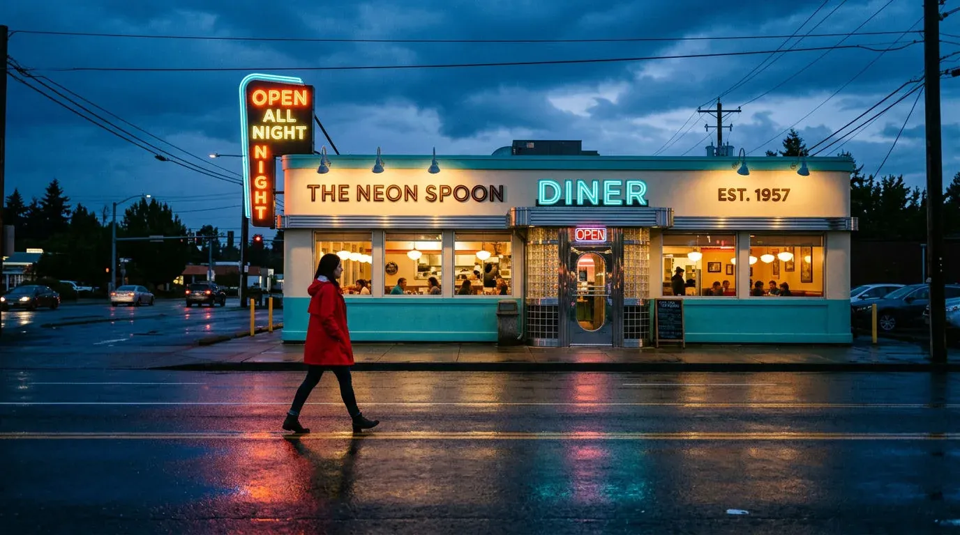 Turquoise and cream roadside diner at dusk with a glowing sign and a woman in a red raincoat walking past