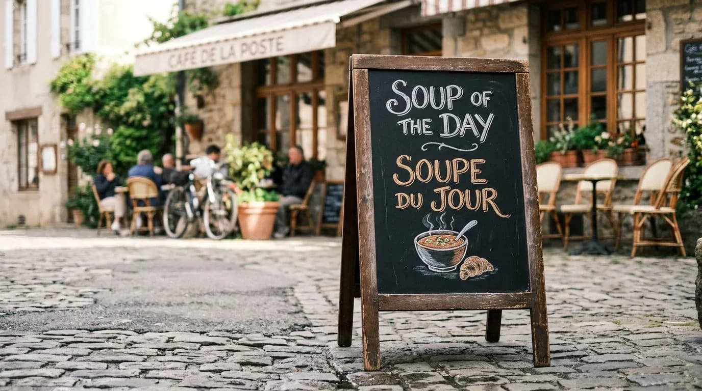 Cafe sandwich board on a cobbled street reading SOUP OF THE DAY and SOUPE DU JOUR in chalk lettering