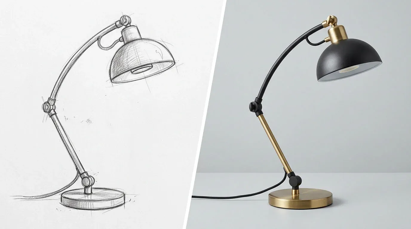 Split image of a pencil sketch of a desk lamp and the same lamp as a brass and black product photo