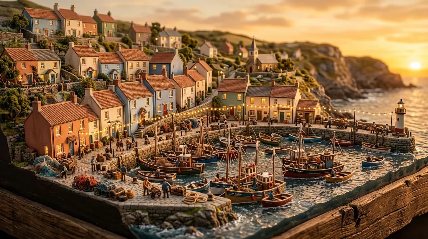 Detailed miniature diorama of a harbour town at golden hour with fishing boats and pastel houses