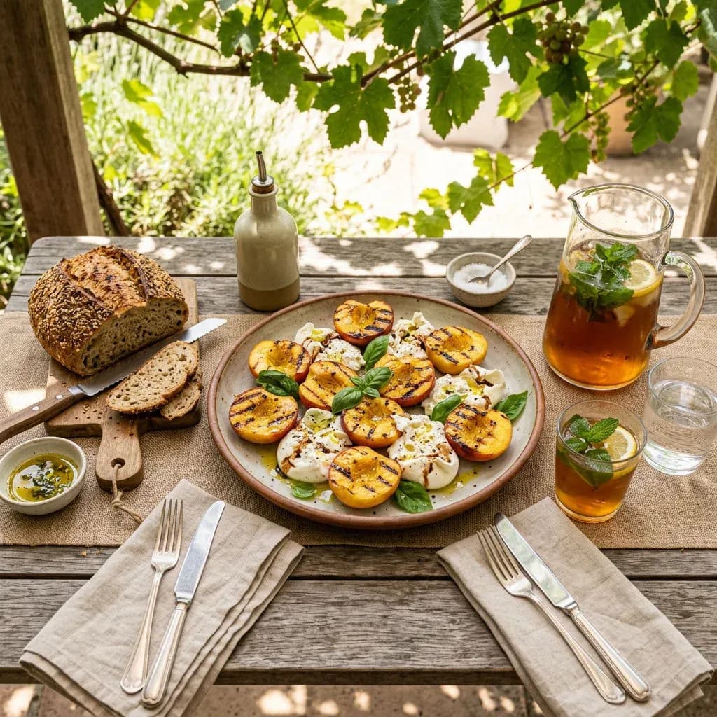 Overhead shot of grilled peaches with burrata, seeded bread and iced tea on a shaded wooden table