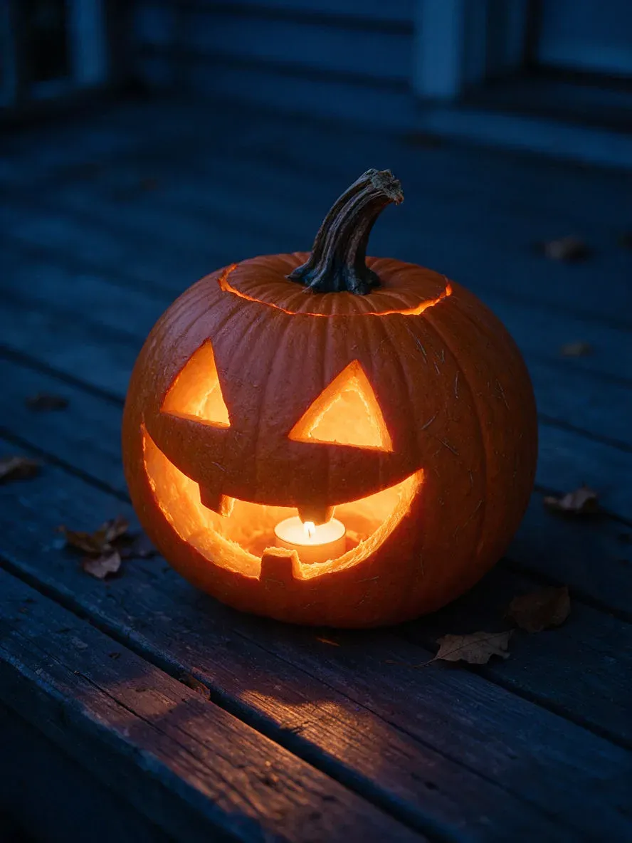 Close-up of a carved jack-o'-lantern glowing amber on a porch at blue hour, generated with Seedream 5.0 Pro