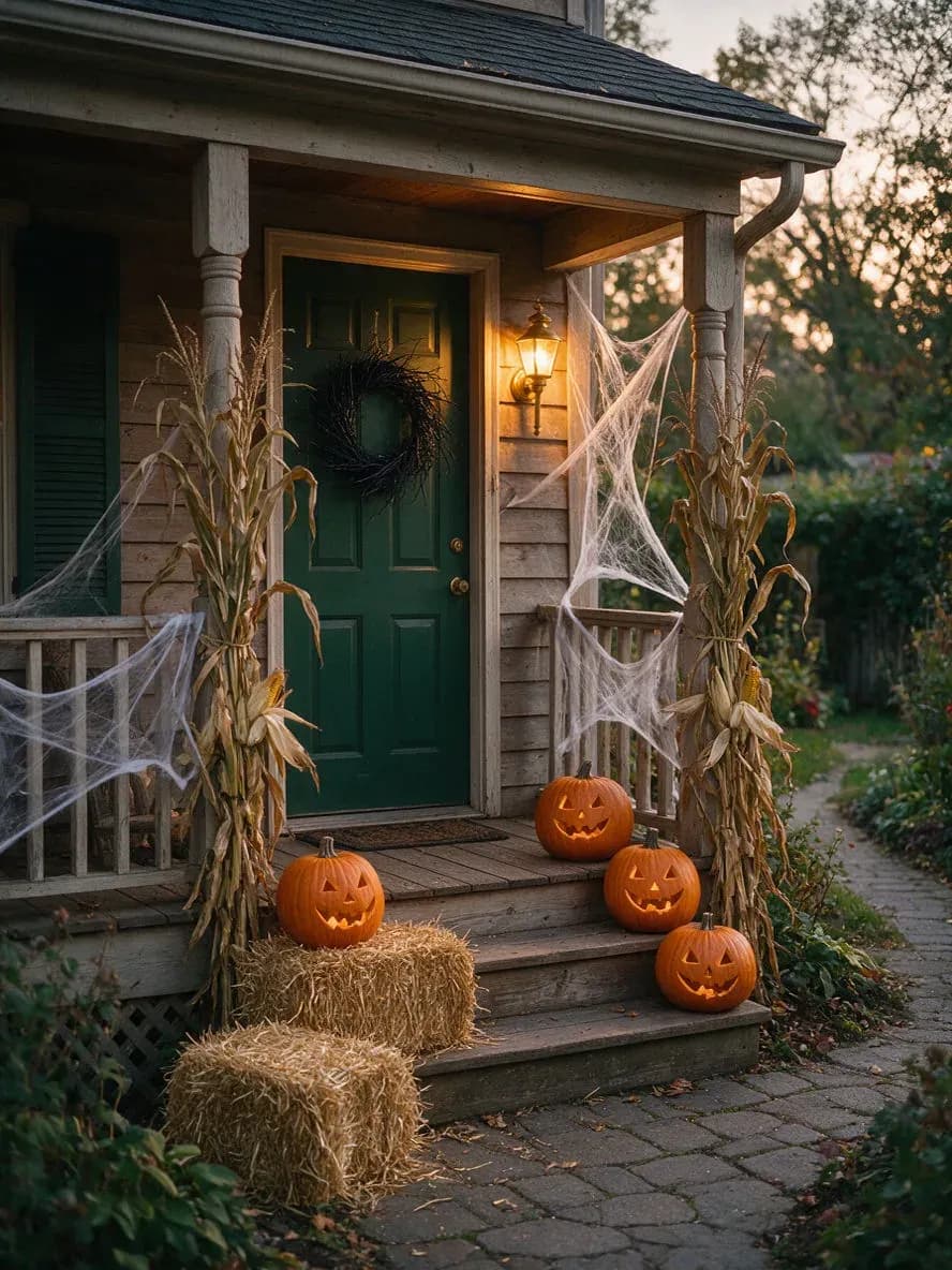 Wooden front porch decorated with jack-o'-lanterns, hay bales and corn stalks at dusk, generated with Seedream 5.0 Pro