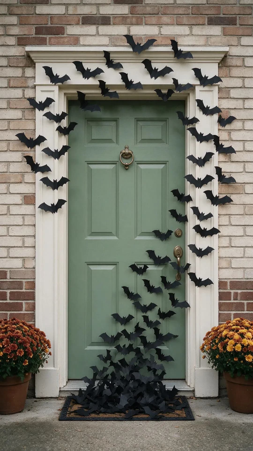 Painted front door with black paper bats flying up the frame in a widening swarm, generated with Seedream 5.0 Pro