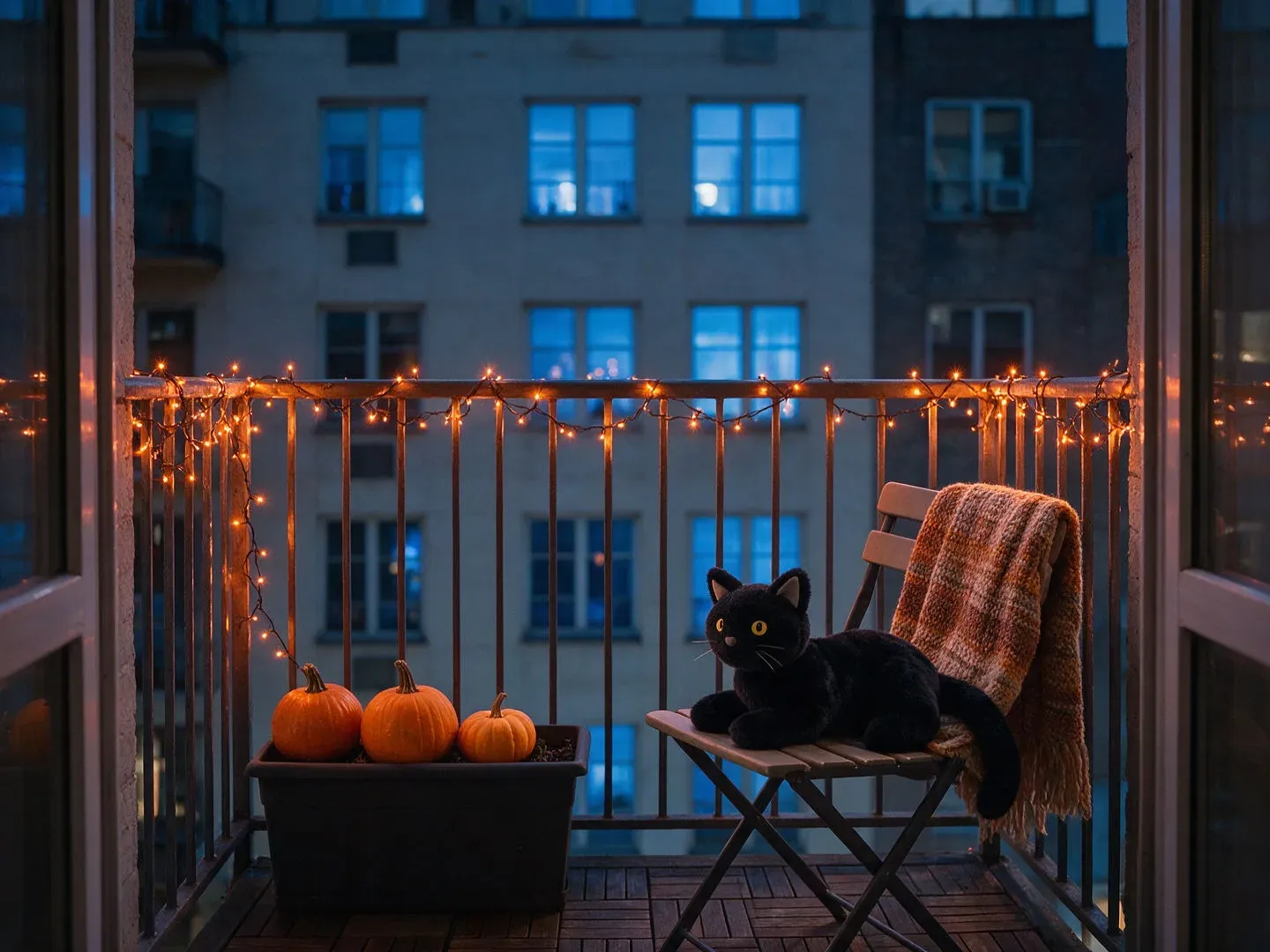 Small apartment balcony with orange string lights, mini pumpkins and a plush black cat, generated with Seedream 5.0 Pro