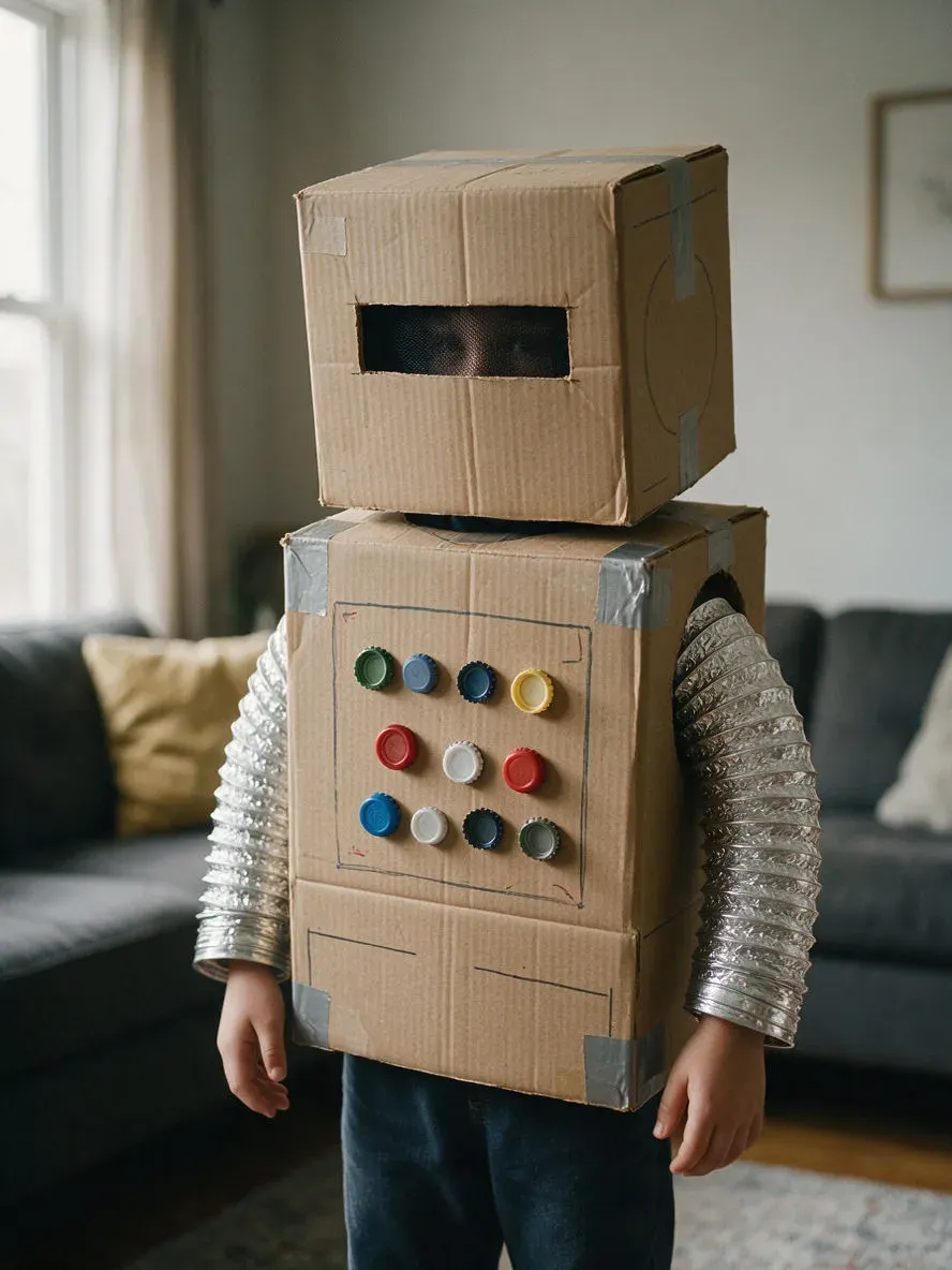 Child in a homemade cardboard robot costume with a box head in a living room, generated with Seedream 5.0 Pro