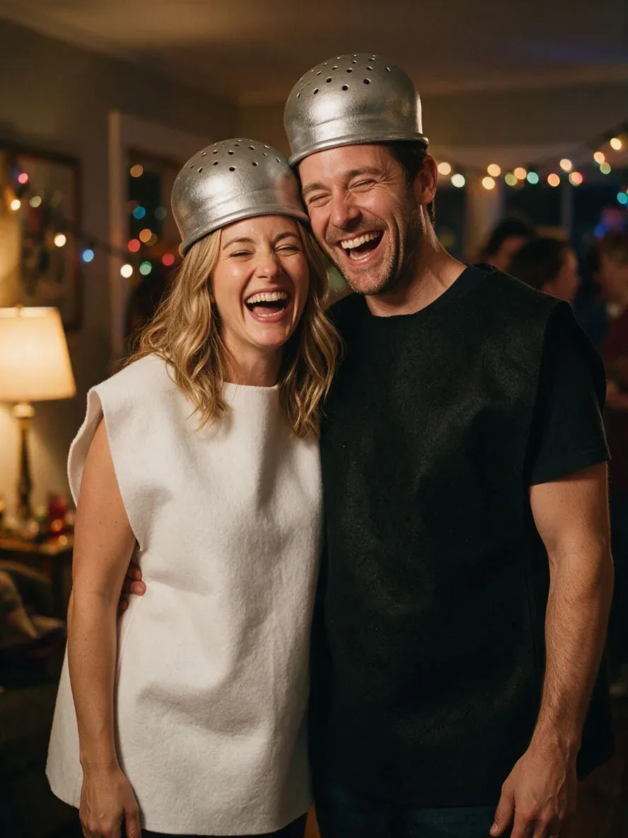 Adult couple in homemade salt and pepper shaker costumes at a house party, generated with Seedream 5.0 Pro