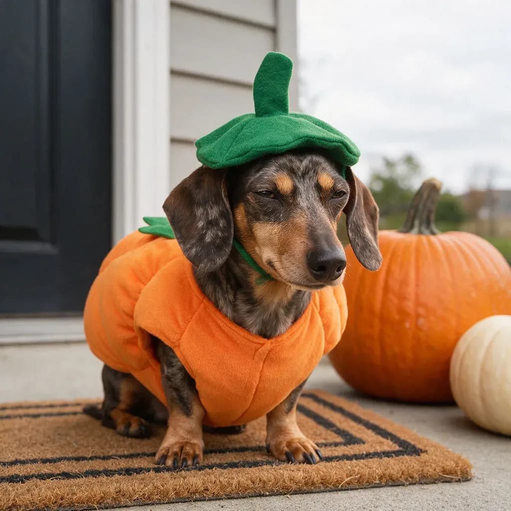 Dachshund in a stuffed orange pumpkin costume sitting on a doormat beside pumpkins, generated with Seedream 5.0 Pro