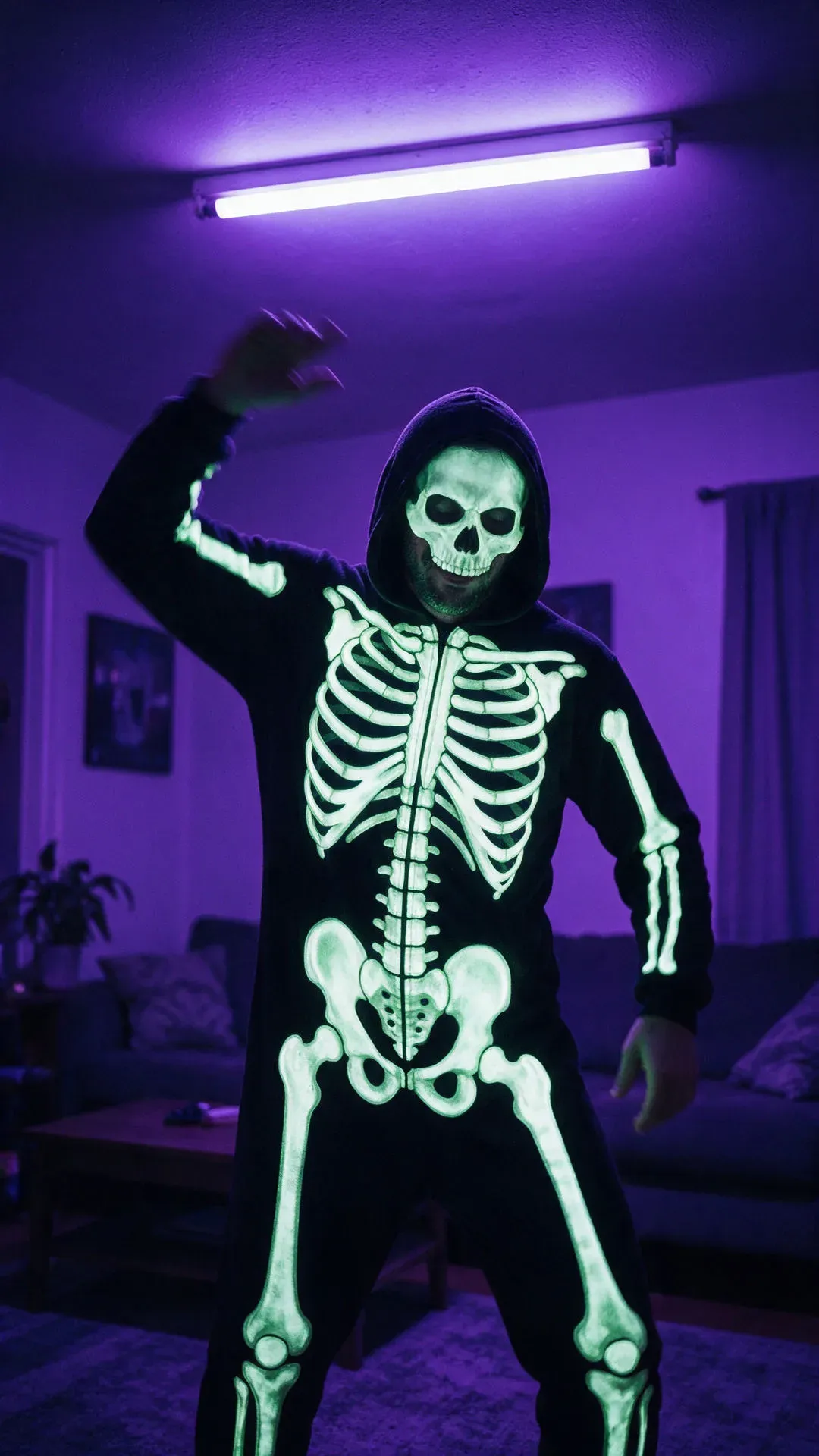 Man in a glow-in-the-dark skeleton onesie dancing under blacklight in a living room, generated with Seedream 5.0 Pro