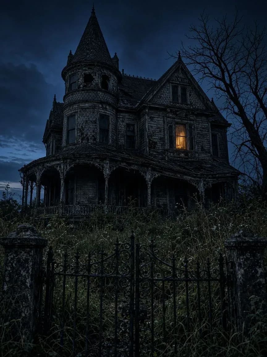 Victorian Queen Anne house with a corner turret at dusk, one upstairs window lit amber, generated with Grok Imagine Image 2.0