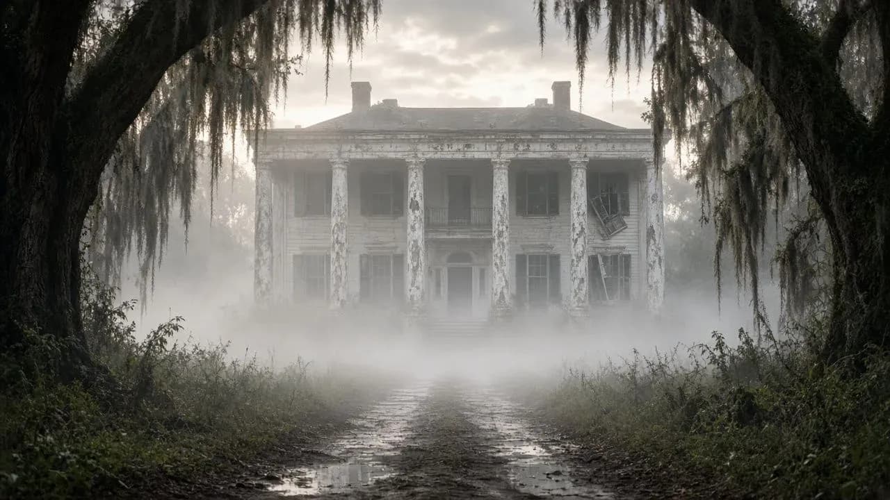 White-columned Southern Gothic manor rising out of low dawn fog between moss-hung oaks, generated with Grok Imagine Image 2.0