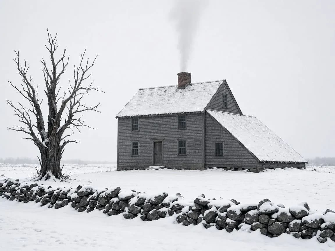 Grey New England saltbox farmhouse alone in untouched snow with smoke rising from the chimney, generated with Grok Imagine Image 2.0