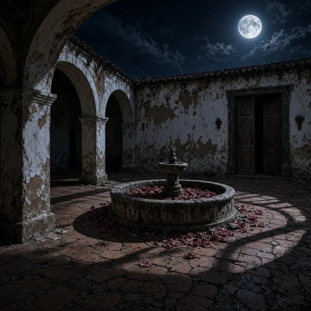 Moonlit Spanish colonial hacienda courtyard with arched shadows across cracked tiles and a dry fountain, generated with Grok Imagine Image 2.0